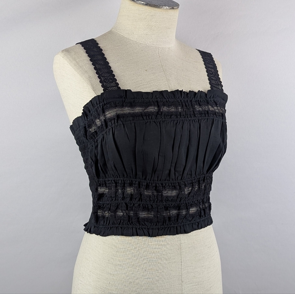 ALLSAINTS Talia Lace Cropped Top Square Neckline Ruffled Smocked Black 6 NWT